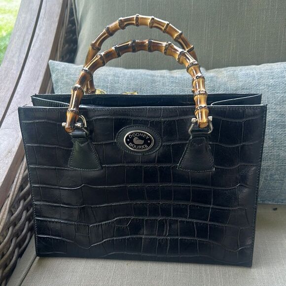 Dooney & Bourke Black Croc Leather Satchel Tote Bag Bamboo Handles - Picture 1 of 9